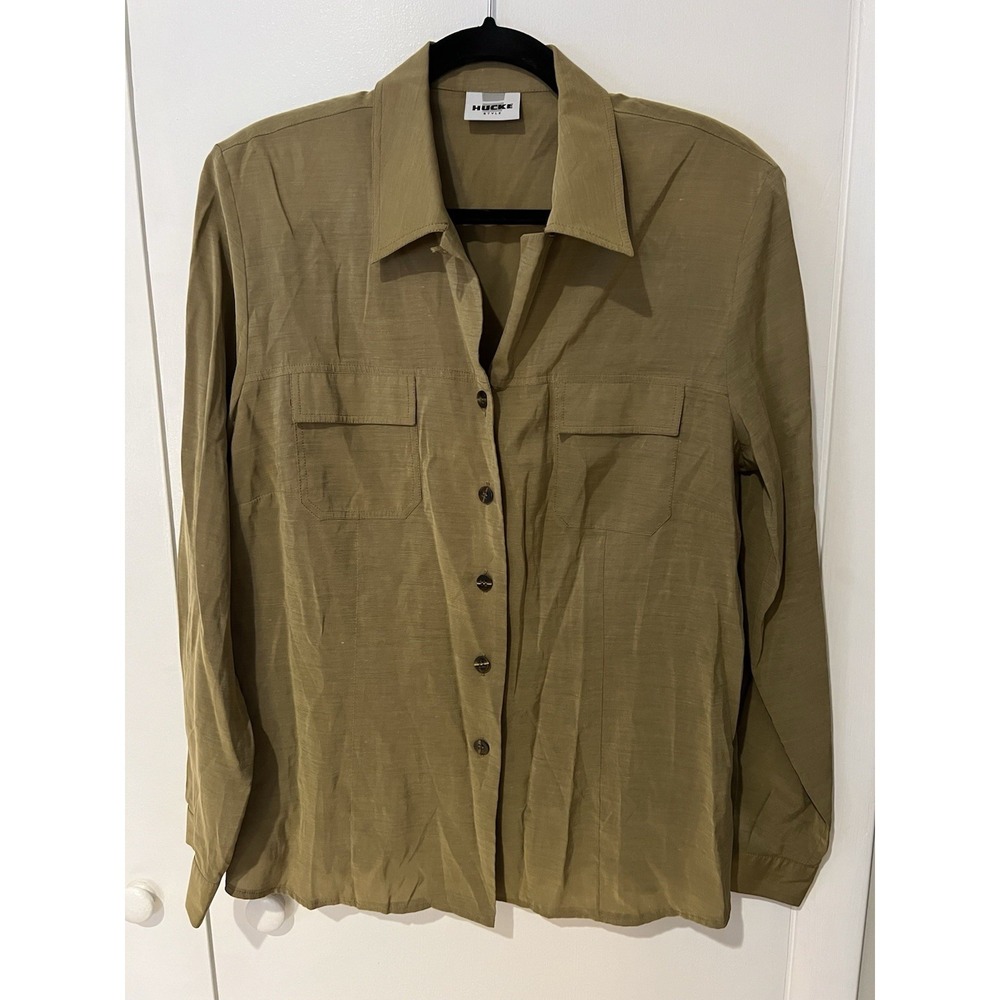 HUCKE Women's‎ Size US 14 Olive Green Blouse Button Up With Shoulder Pads